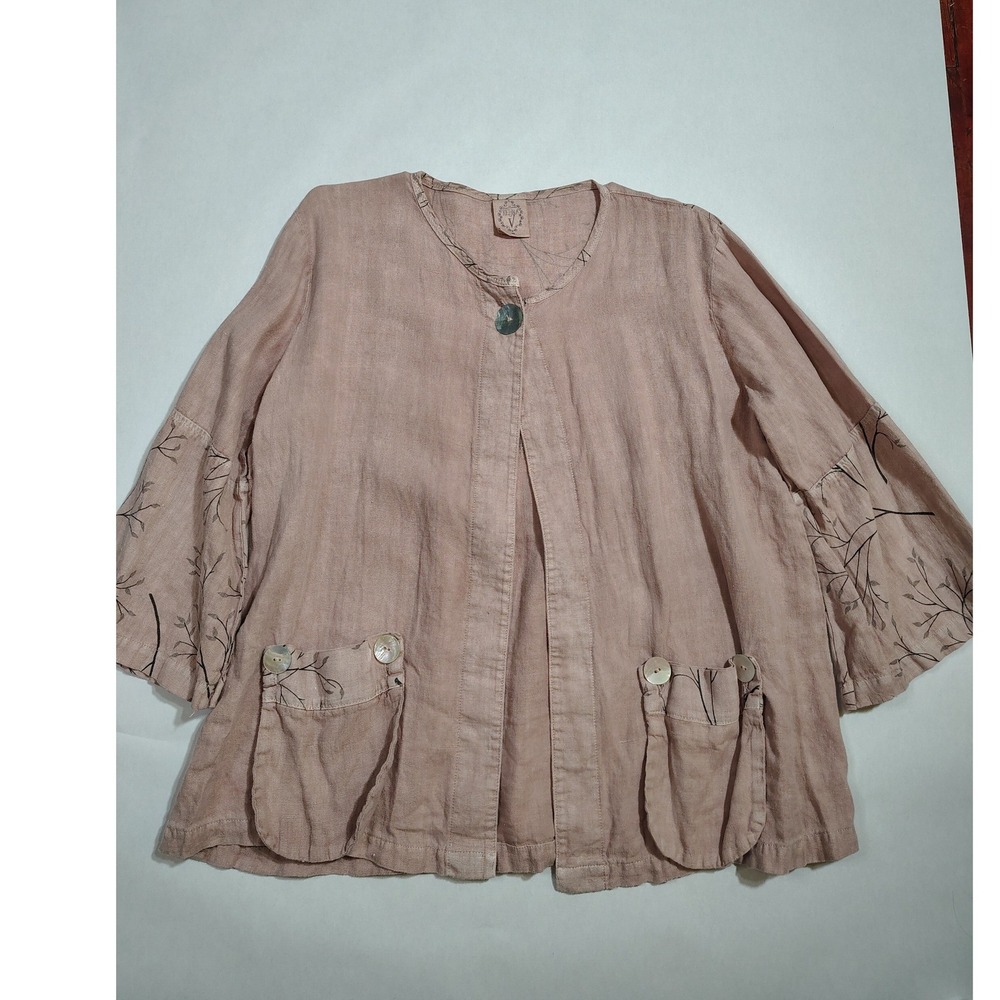 Keyna V Womens Linen jacket M Pink Botanical Bell Sleeve Abalone Button USA